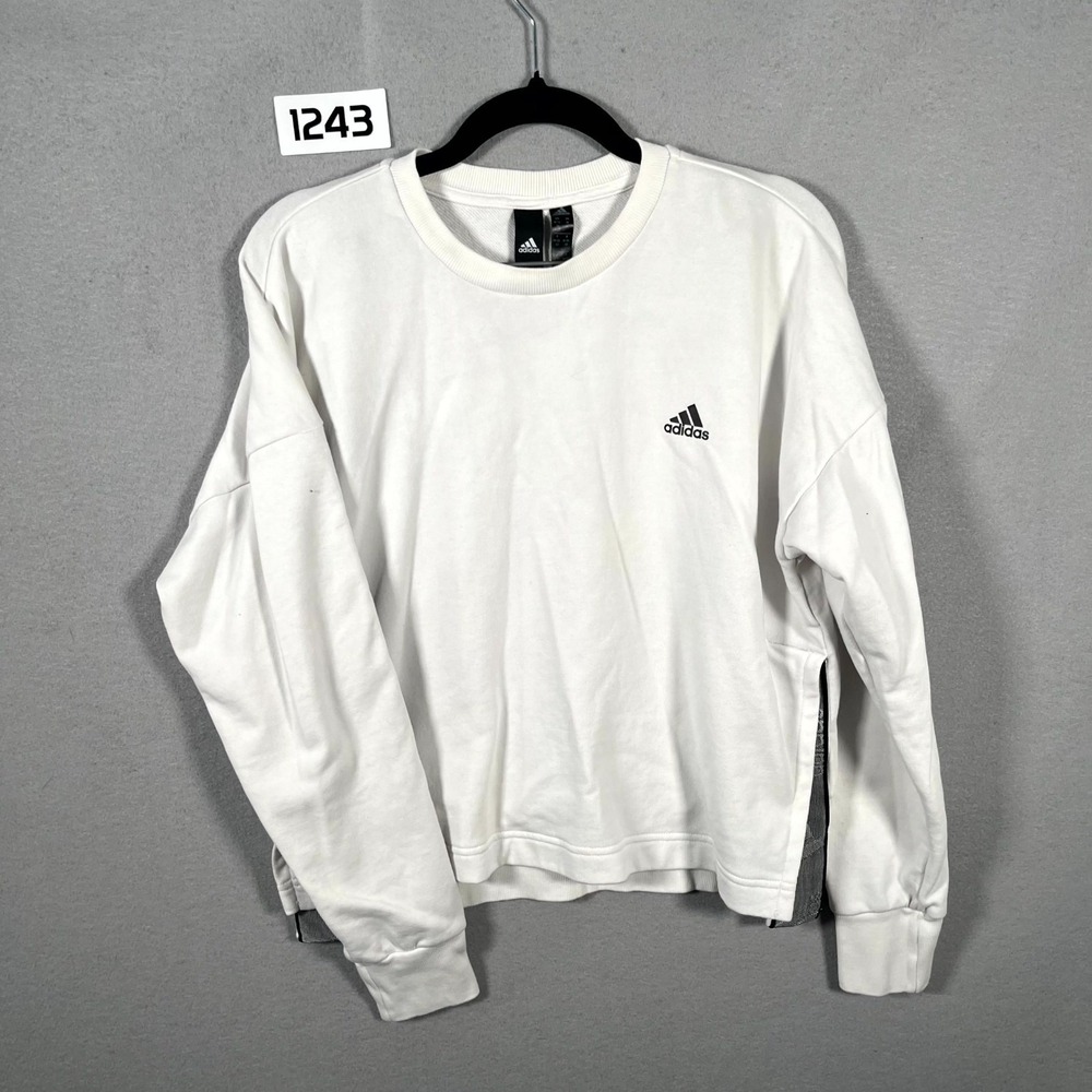 Adidas Sweatshirt Womens Medium White Logo Taping High Low Hem Long Sleeve